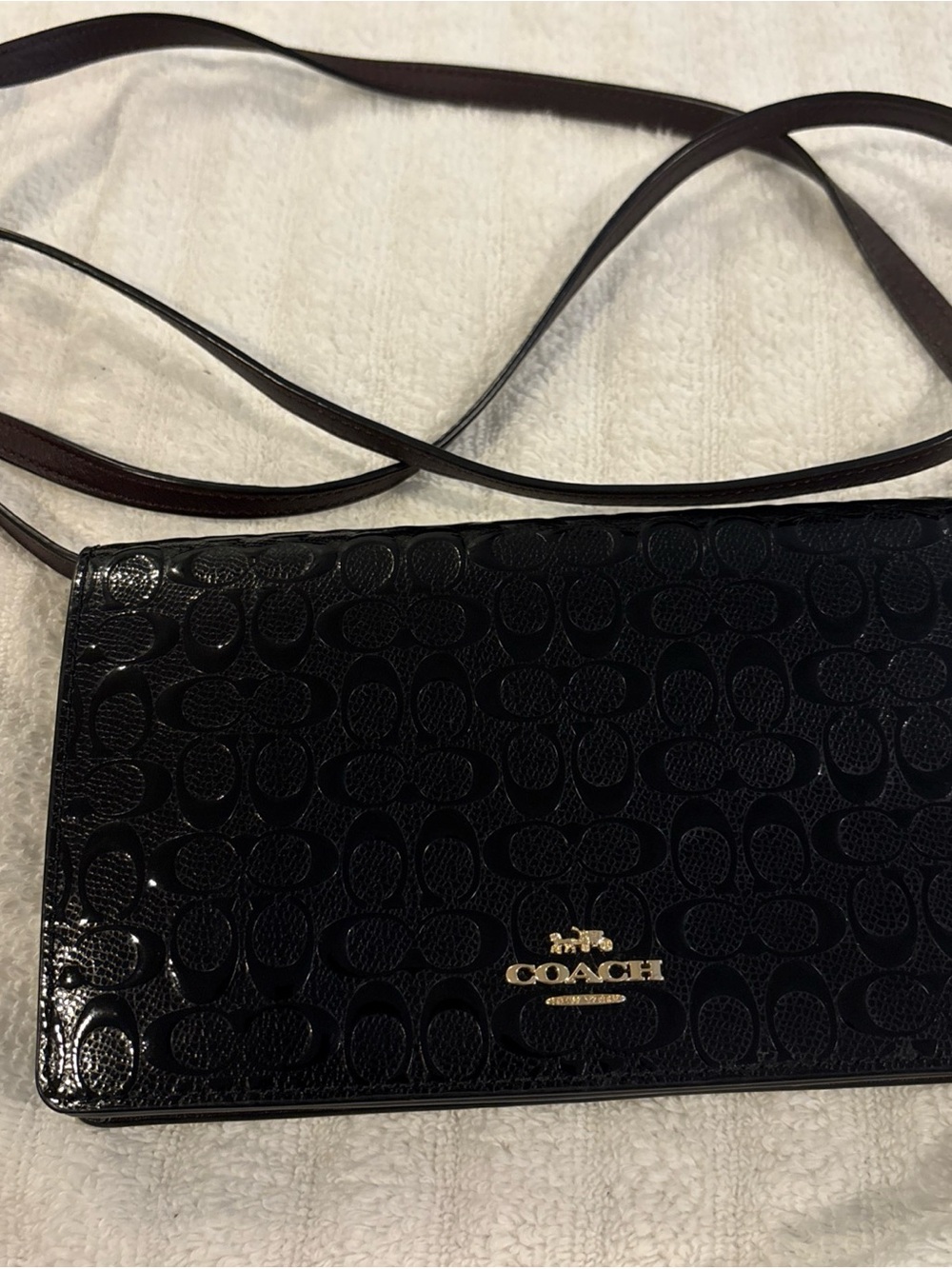 Coach Black Signature Patent Crossbody with Gold Logo